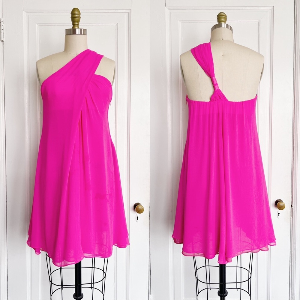 Mara Hoffman Silk One Shoulder Mini Dress Hot Pink Chiffon Flowy A-Line